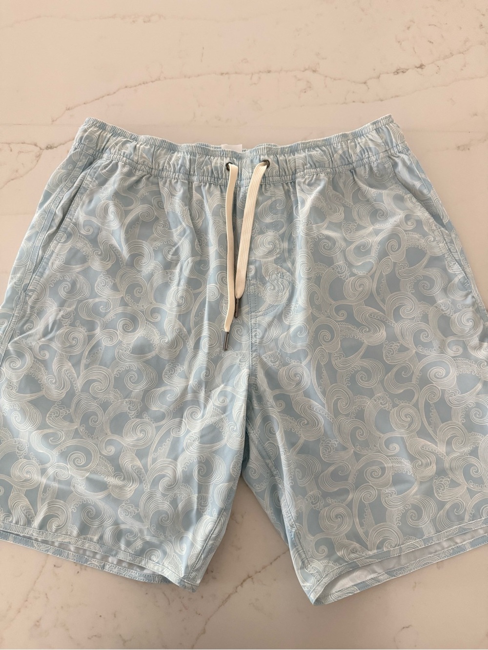 Fair Harbor Light Blue Paisley Swim Trunks with White Drawstring